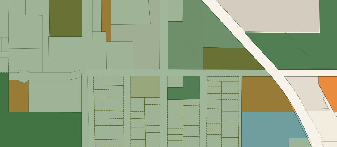 A dense zoomed-in frame of the live St. Lucie map: parcel fabric with pipeline polygons in blue and green, upzone screens dashed in gold, and sale markers
