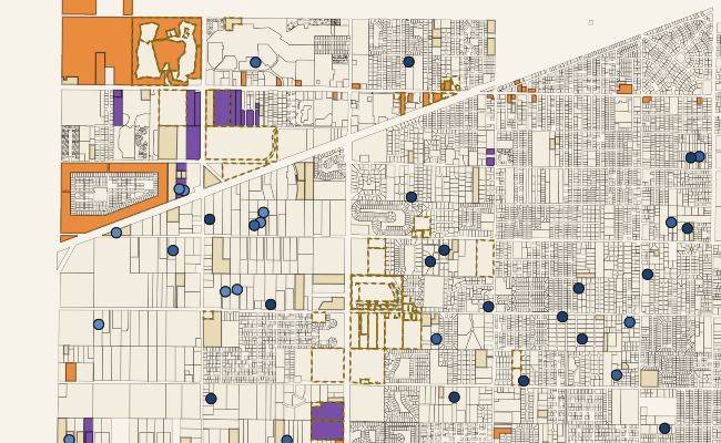 A live frame of the Parcelrow map: orange underbuilt parcels, violet assemblages, gold dashed upzone screens, and blue sale markers on a cream plat map