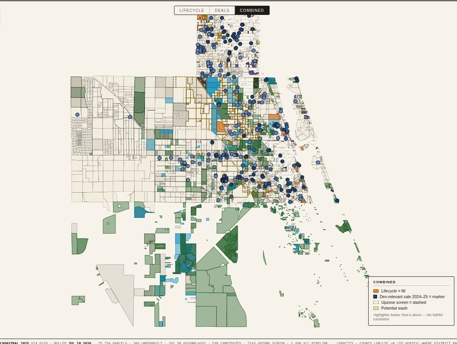 Two counties of the map: development pipeline polygons in blue and green across 75,736 parcels